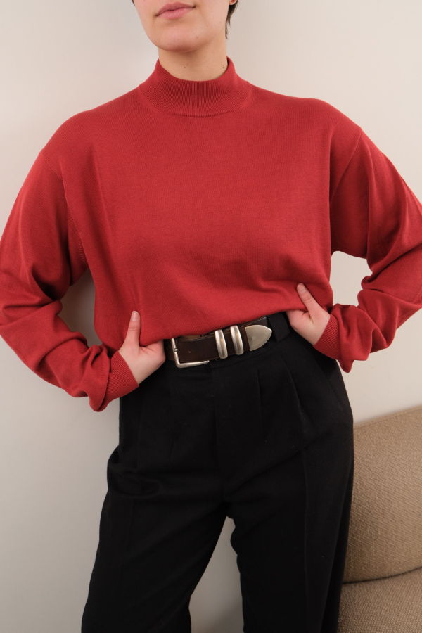 Hermine Vintage Crimson Silk Cotton Mock Neck Long Sleeve Sweater - Red