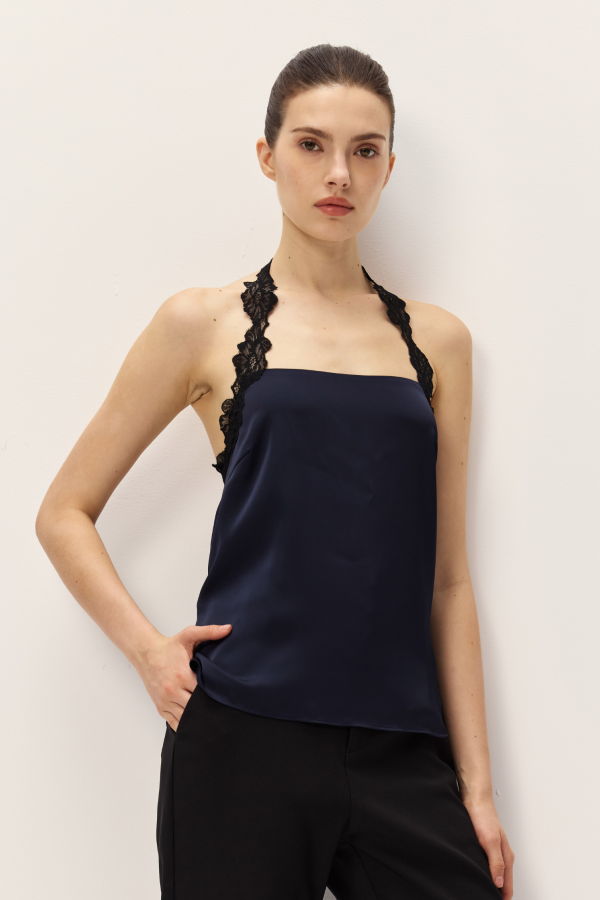elodie Elowen Satin & Lace Top - Navy