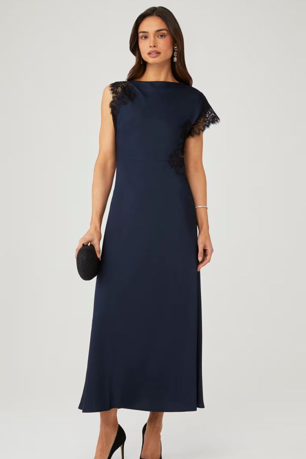 elodie Maris Satin & Lace Dress - Navy
