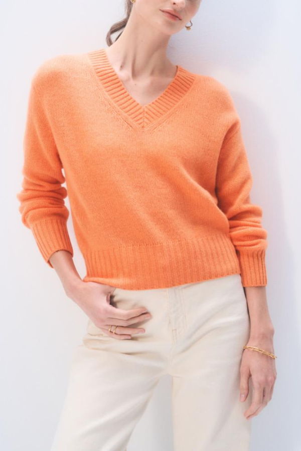 White + Warren Featherweight Cashmere V-Neck Sweater - Orange Fresco