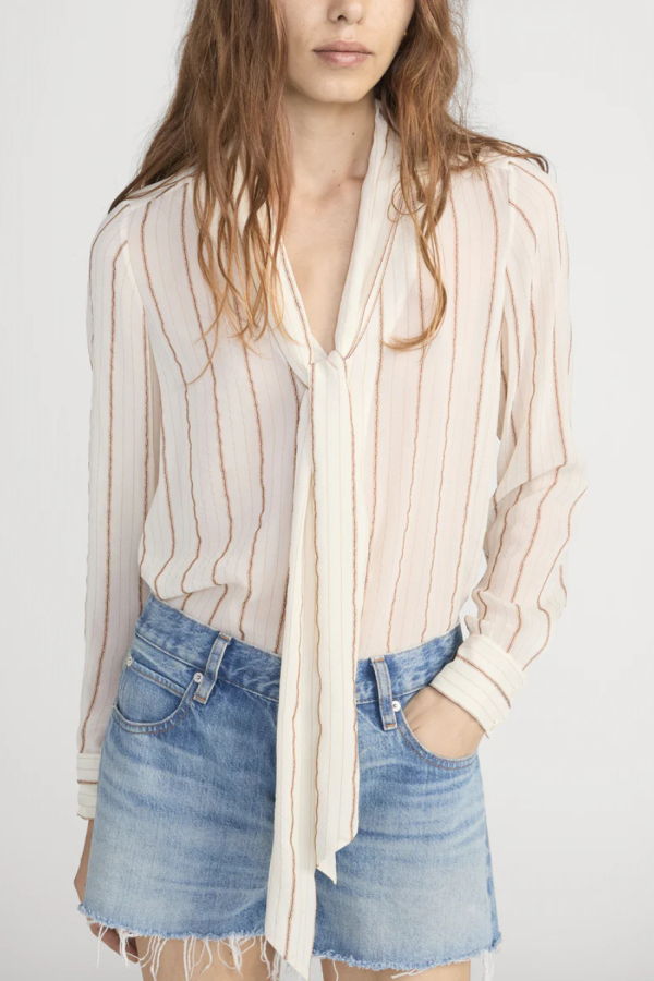 Frame Striped Silk Tie Blouse - Cream