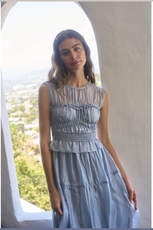 Moon River Chiffon Sheer Yoke Smocked Midi Dress