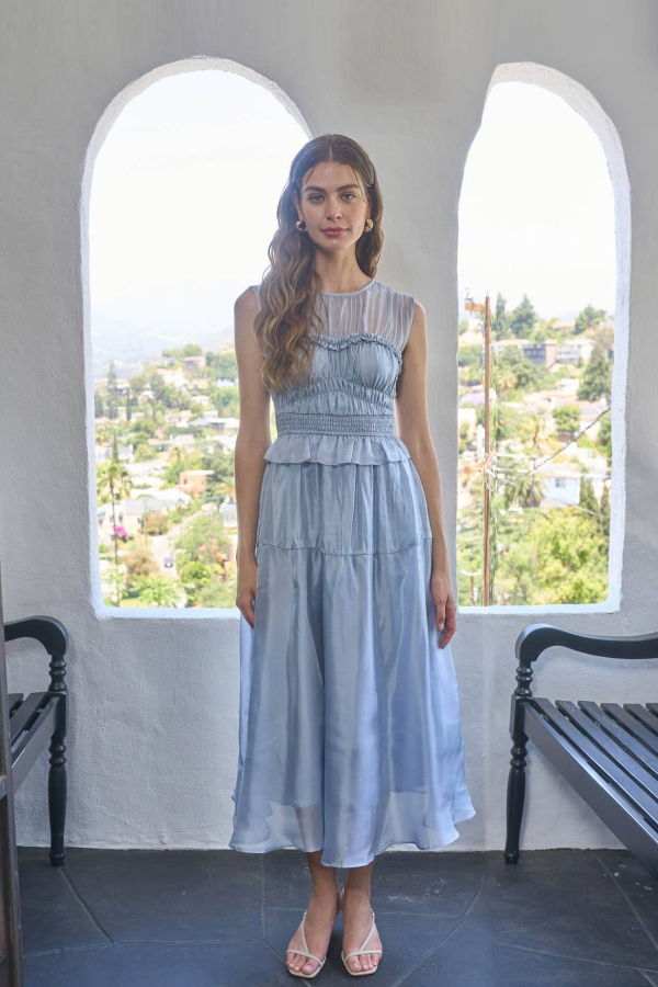 Moon River Chiffon Sheer Yoke Smocked Midi Dress