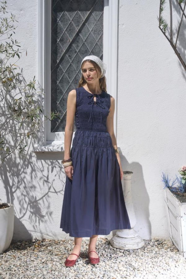 Moon River Sleeveless Smocked Shirred Waist Midi Dress