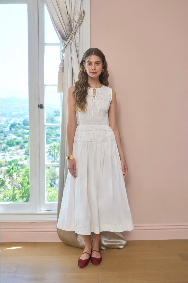 Moon River Sleeveless Smocked Shirred Waist Midi Dress