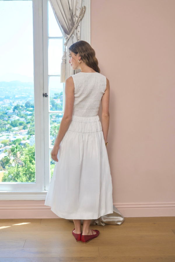 Moon River Sleeveless Smocked Shirred Waist Midi Dress