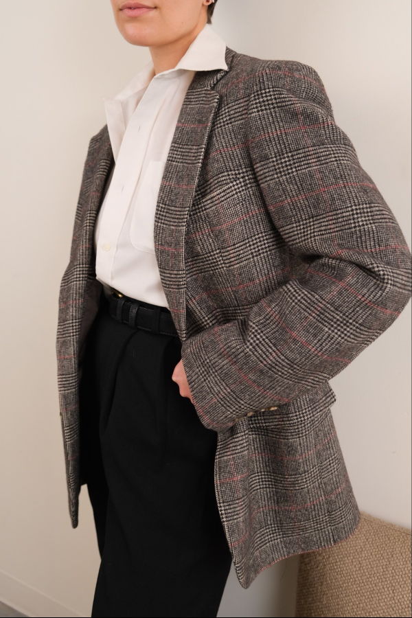 Hermine Vintage 80s Flint Camelhair Windowpane Longline Blazer - Gray