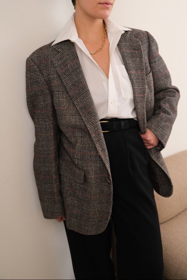 Hermine Vintage 80s Flint Camelhair Windowpane Longline Blazer - Gray