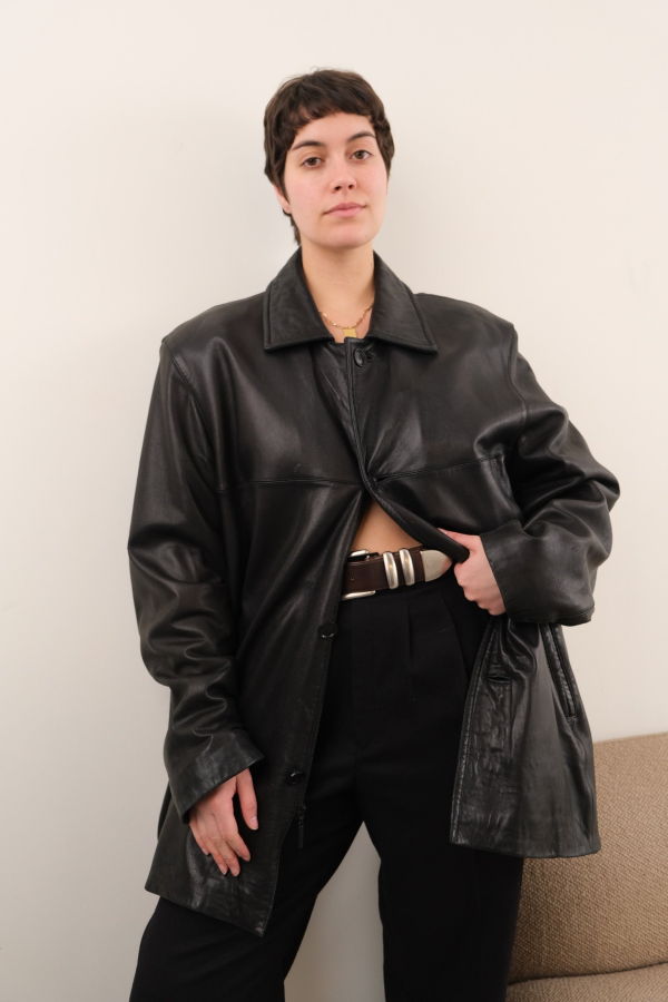 Hermine Vintage 90s Obsidian Leather Button Up Jacket - Black
