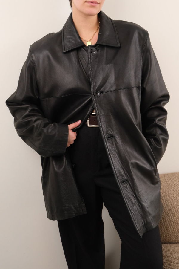 Hermine Vintage 90s Obsidian Leather Button Up Jacket - Black