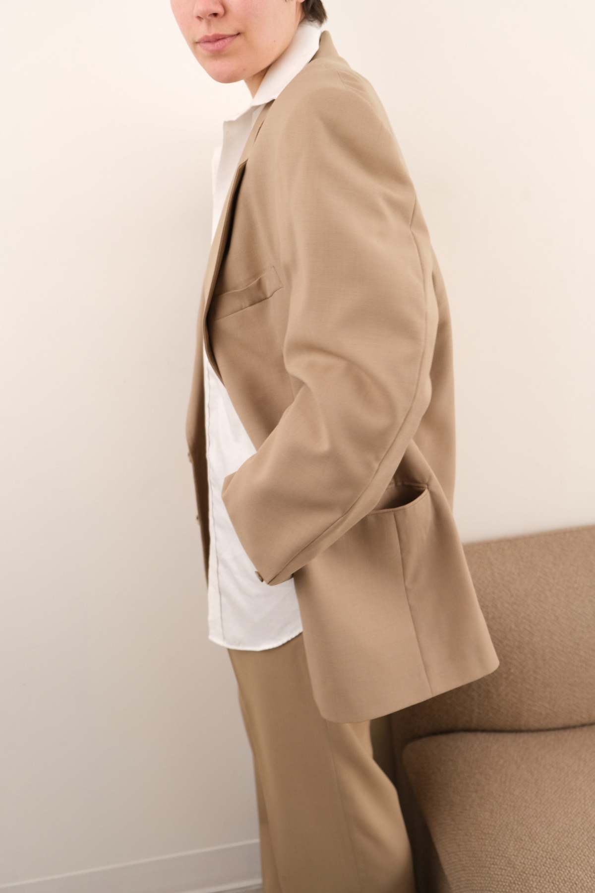 Vintage 90s Wool Blend Tailored Pantsuit - Sand - Image 4 of 6