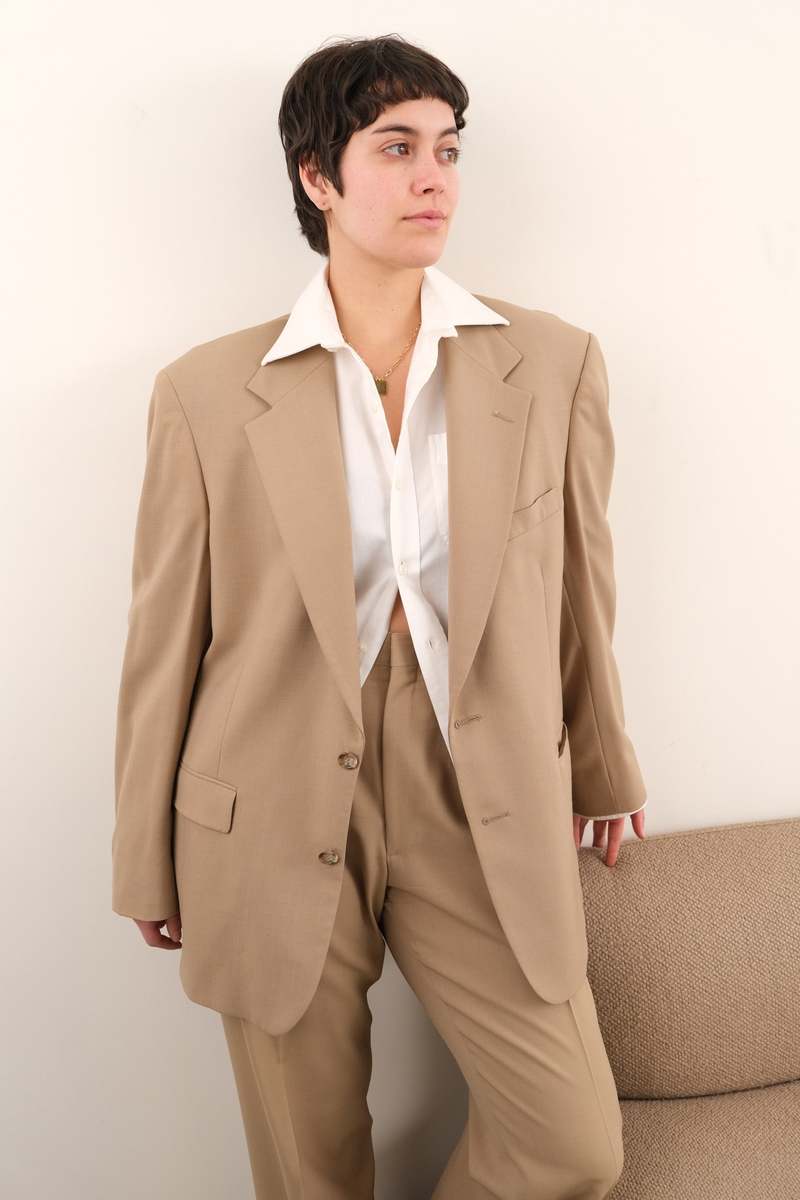 Vintage 90s Wool Blend Tailored Pantsuit - Sand