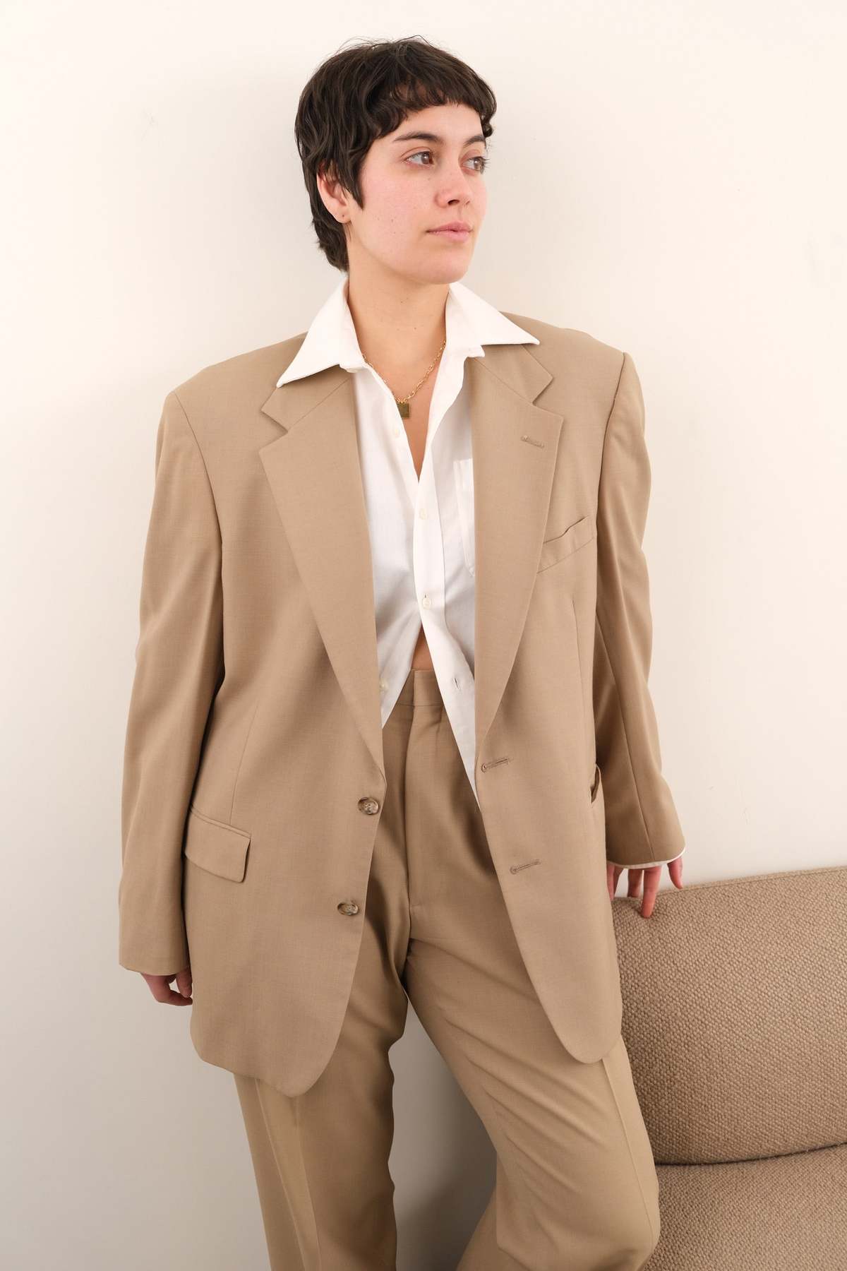 Vintage 90s Wool Blend Tailored Pantsuit - Sand - Image 6 of 6