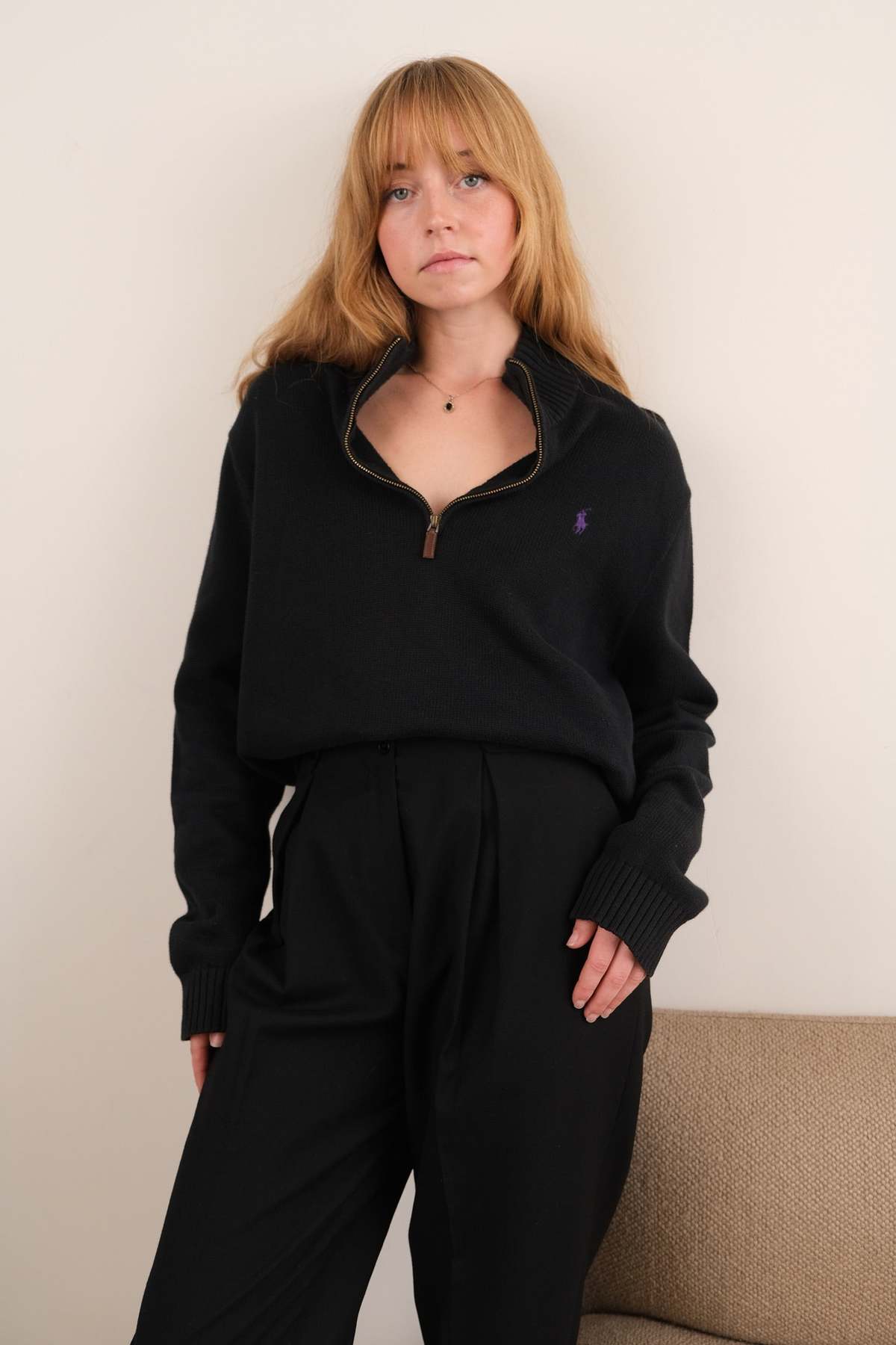 Hermine Vintage Obsidian Ralph Lauren Cotton Quarter-Zip Long Sleeve Sweater - Black - Image 1 of 5