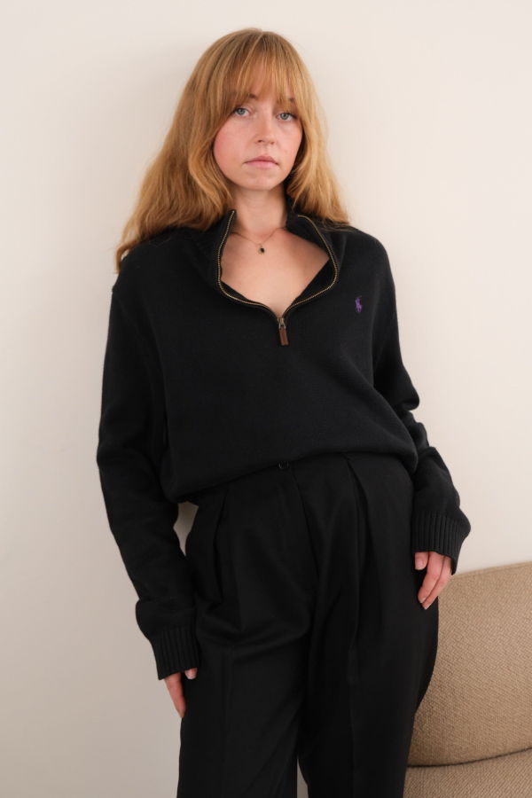 Hermine Vintage Obsidian Ralph Lauren Cotton Quarter-Zip Long Sleeve Sweater - Black