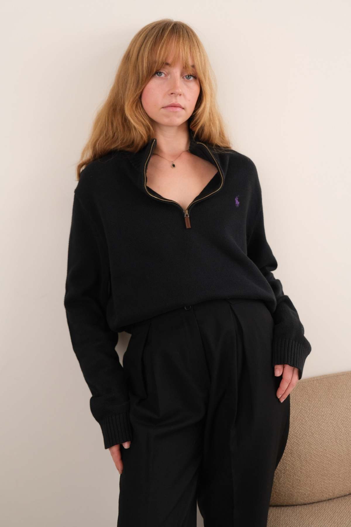 Hermine Vintage Obsidian Ralph Lauren Cotton Quarter-Zip Long Sleeve Sweater - Black - Image 2 of 5