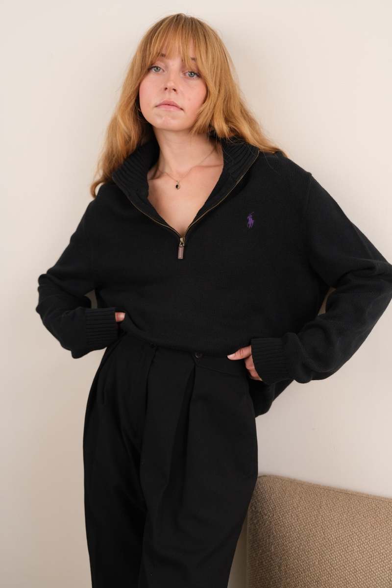 Hermine Vintage Obsidian Ralph Lauren Cotton Quarter-Zip Long Sleeve Sweater - Black