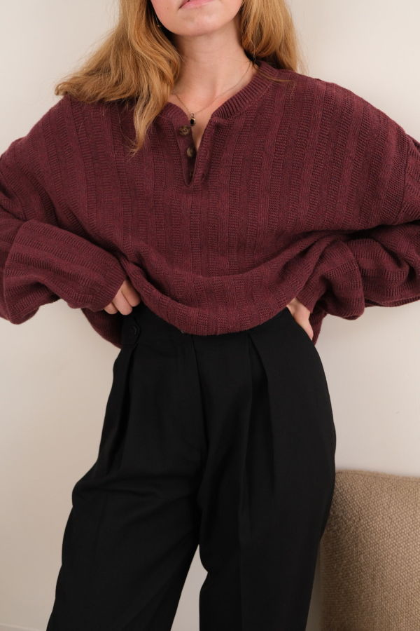 Hermine Vintage Syrah Cotton Blend Long Sleeve Henley Pullover Sweater - Burgundy