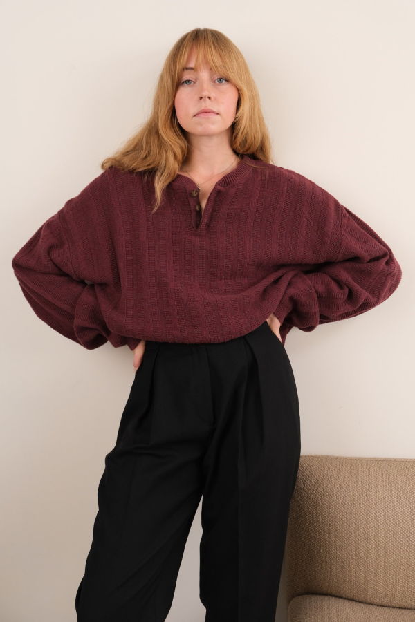 Hermine Vintage Syrah Cotton Blend Long Sleeve Henley Pullover Sweater - Burgundy