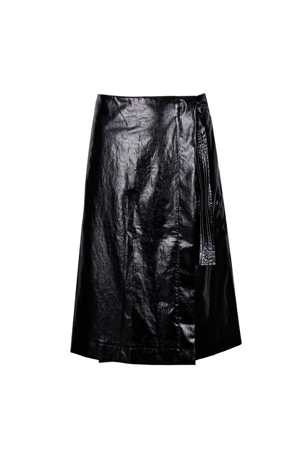 YIBRI Black Glossy Cotton-Coated Wrap Skirt