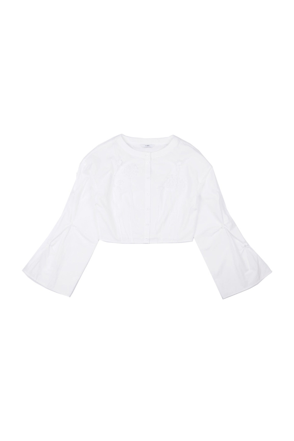 YIBRI Cropped White Blouse With Crochet Flower And Smocked Bell Sleeves Top