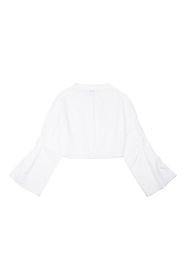 YIBRI Cropped White Blouse With Crochet Flower And Smocked Bell Sleeves Top