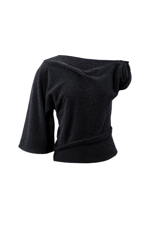 YIBRI Fleece Asymmetrical Shoulder Twisted Top