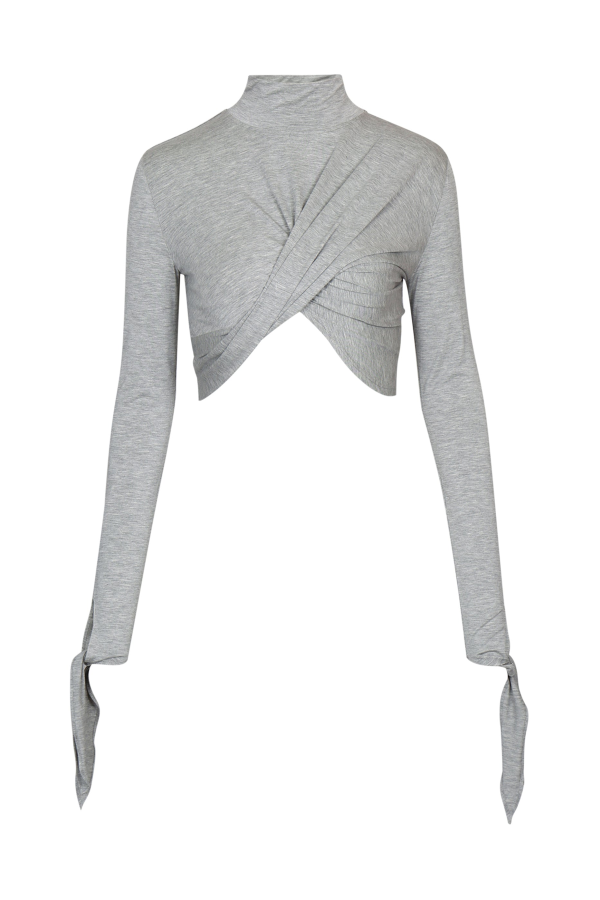 YIBRI Grey Draped Jersey Crop Top - Gray