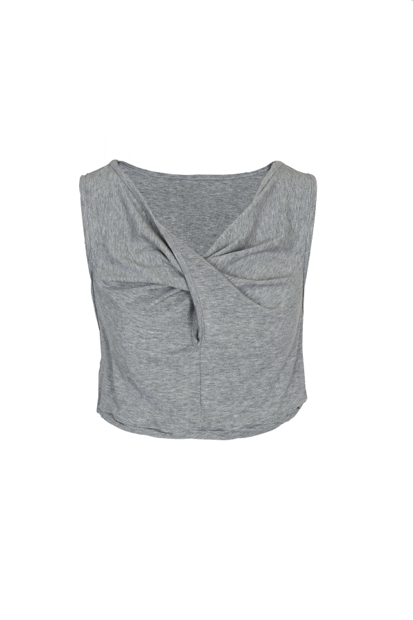 YIBRI Heather Grey Twisted Front Jersey Crop Top - Gray