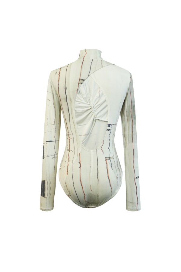 YIBRI Printed Stretchy Open-Back Bodysuit