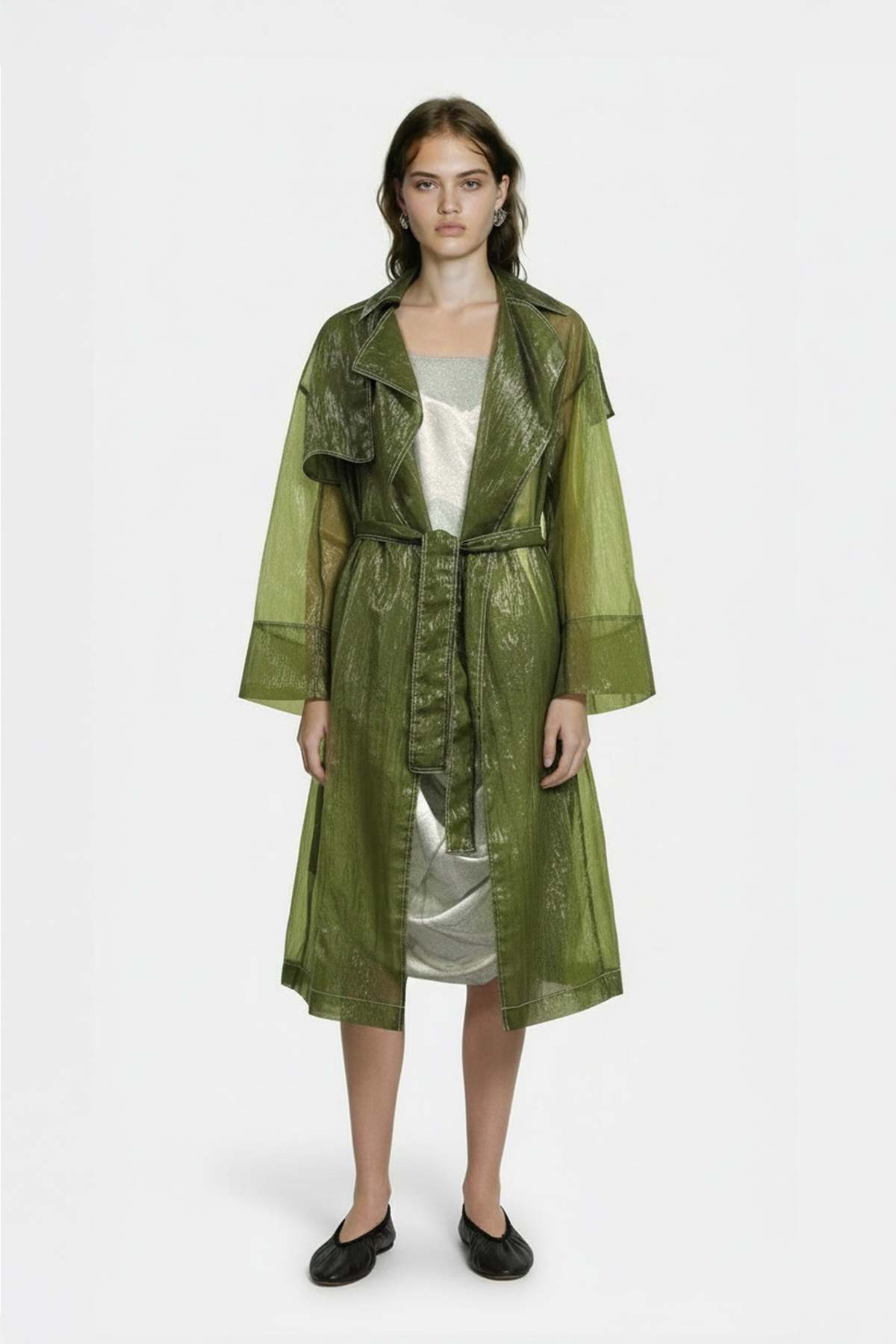 YIBRI Sheer Green Nylon Trench Coat - Image 5 of 10