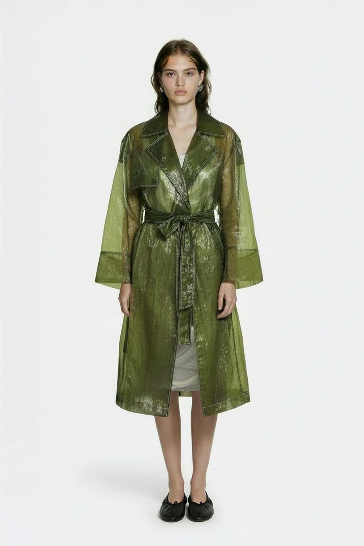 YIBRI Sheer Green Nylon Trench Coat - Image 6 of 10