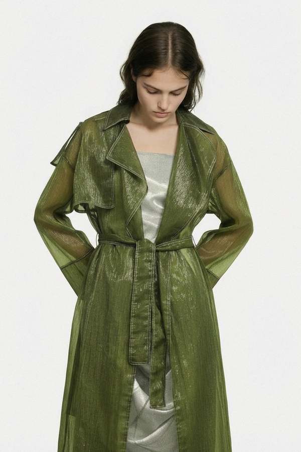 YIBRI Sheer Green Nylon Trench Coat