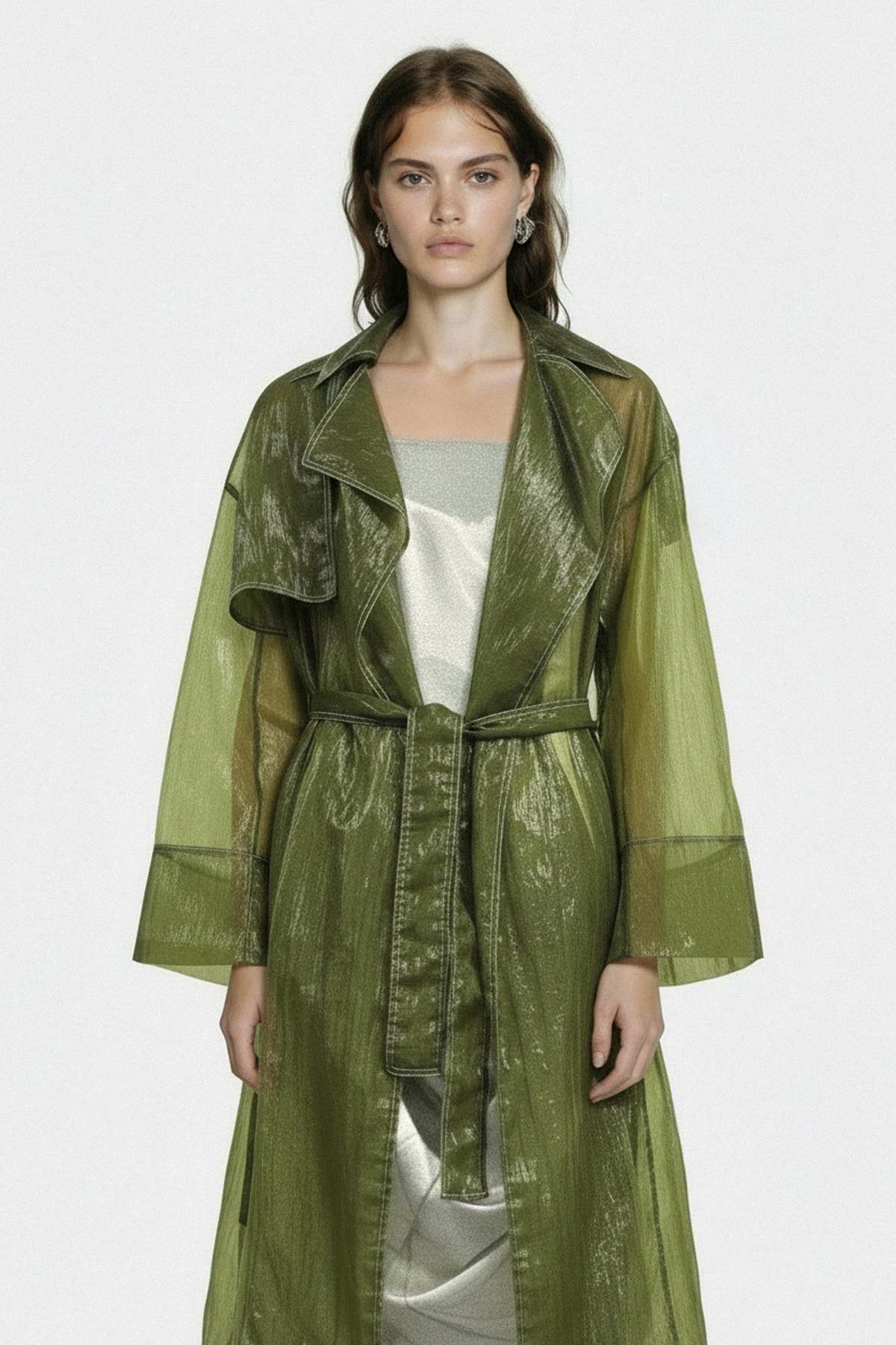 YIBRI Sheer Green Nylon Trench Coat - Image 8 of 10