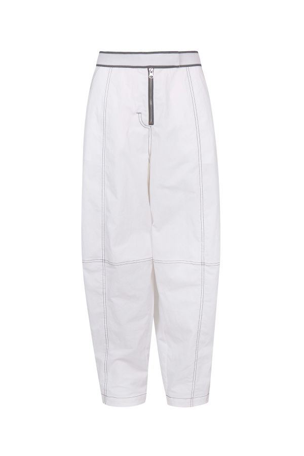 YIBRI Washed White Cotton Contrast Stitch Trousers