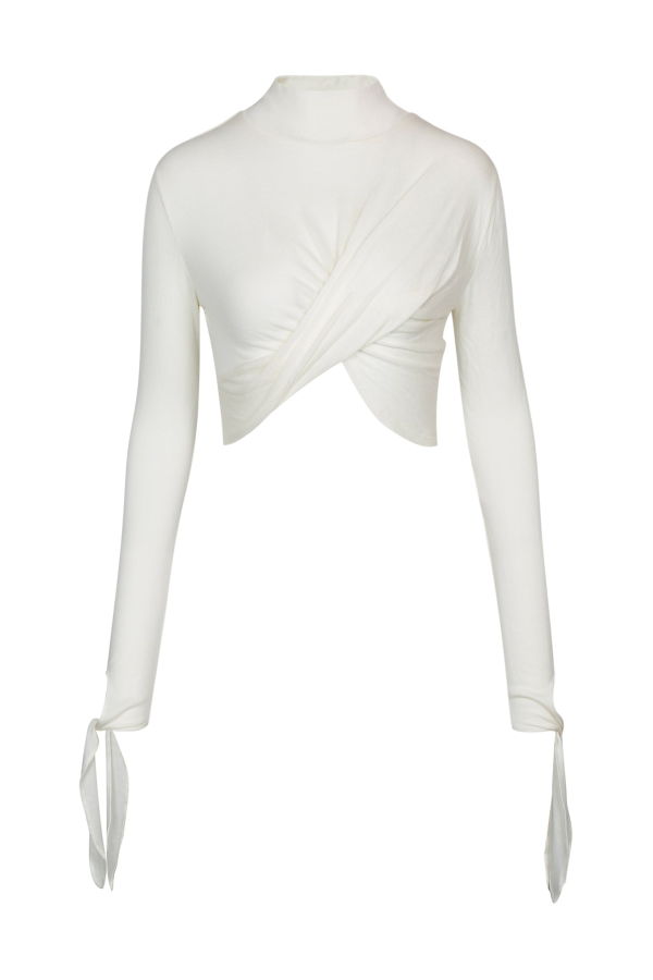 YIBRI White Draped Jersey Crop Top