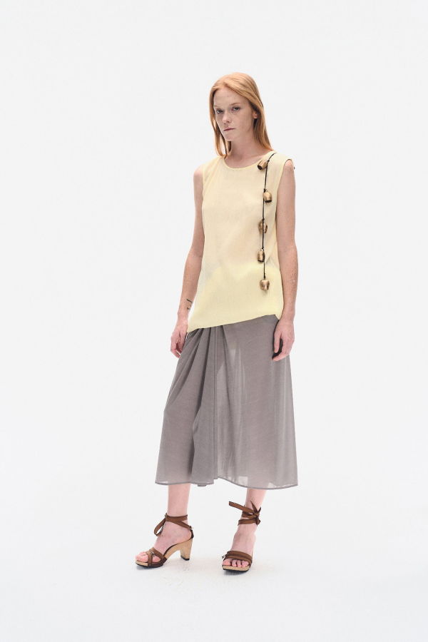 YIBRI Yellow Wrinkled Texture Cotton Mini Dress