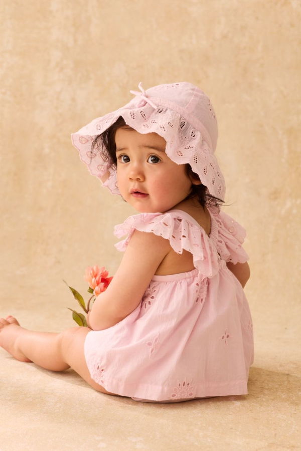 KIDS Louise Misha Sun Hat Eliana In Pink Schiffli - Pink