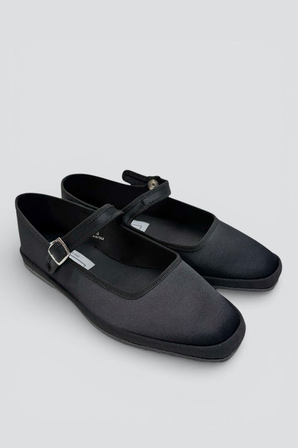 Drogheria Crivellini Black Satin Square Toe Mary Jane Flats