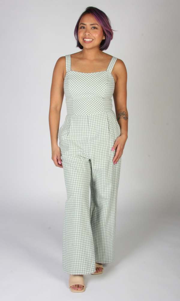 Birds of North America Roadrunner Jumpsuit - Sage Gingham