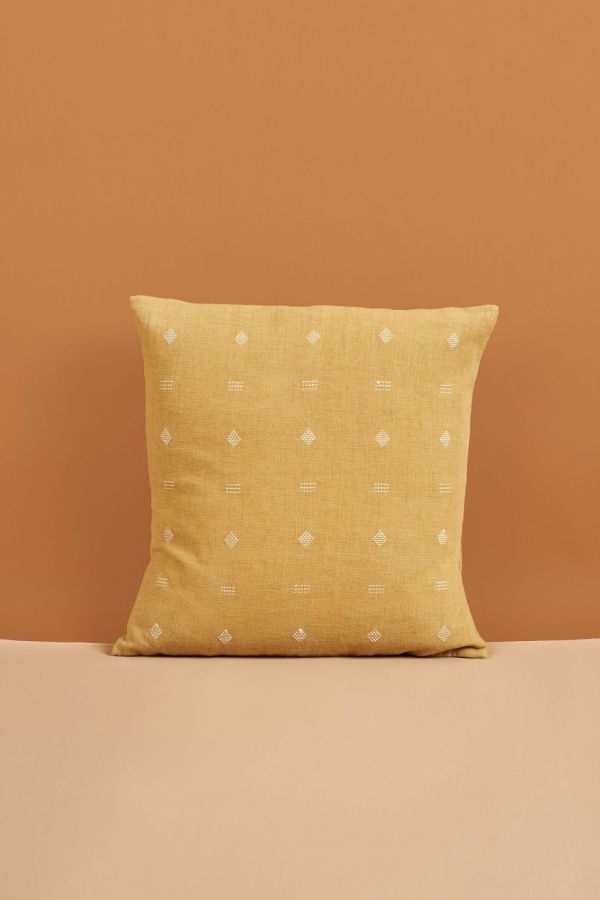 Variously Nira Hand Spun Organic Cotton Handloom Pillow - Ochre Yellow & White