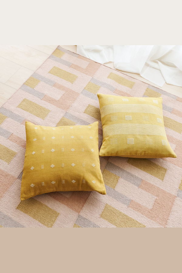 Variously Nira Hand Spun Organic Cotton Handloom Pillow - Ochre Yellow & White