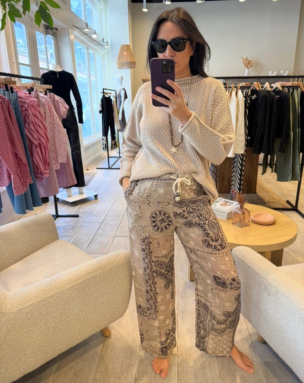 LITTLE LIES Scarf Print Pants - Brown - Image 1 of 3