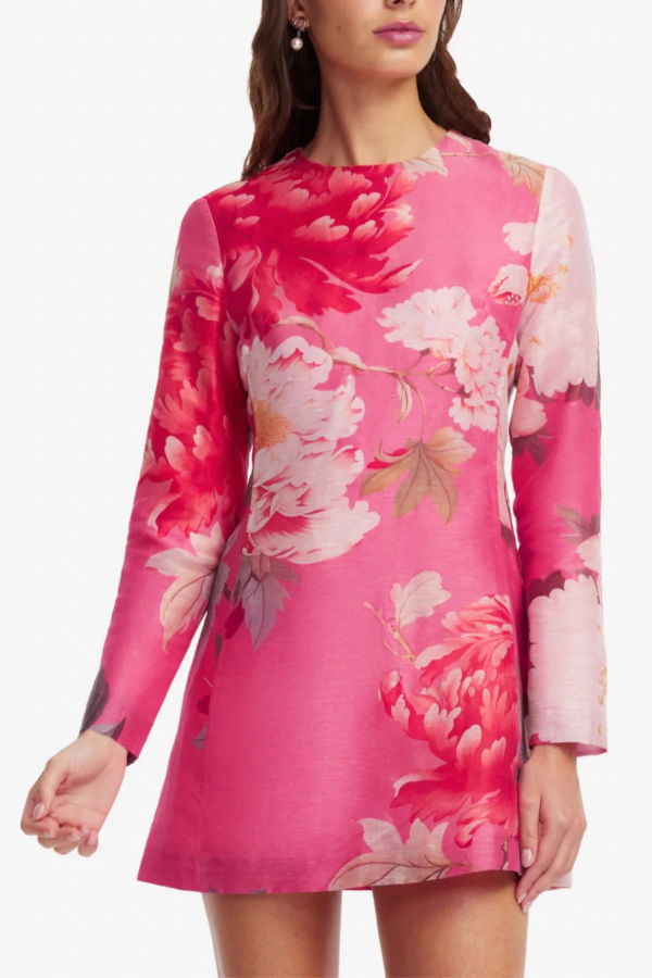 Leo Lin Aliza Long Sleeve Mini Dress - Peony Print in Fuchsia