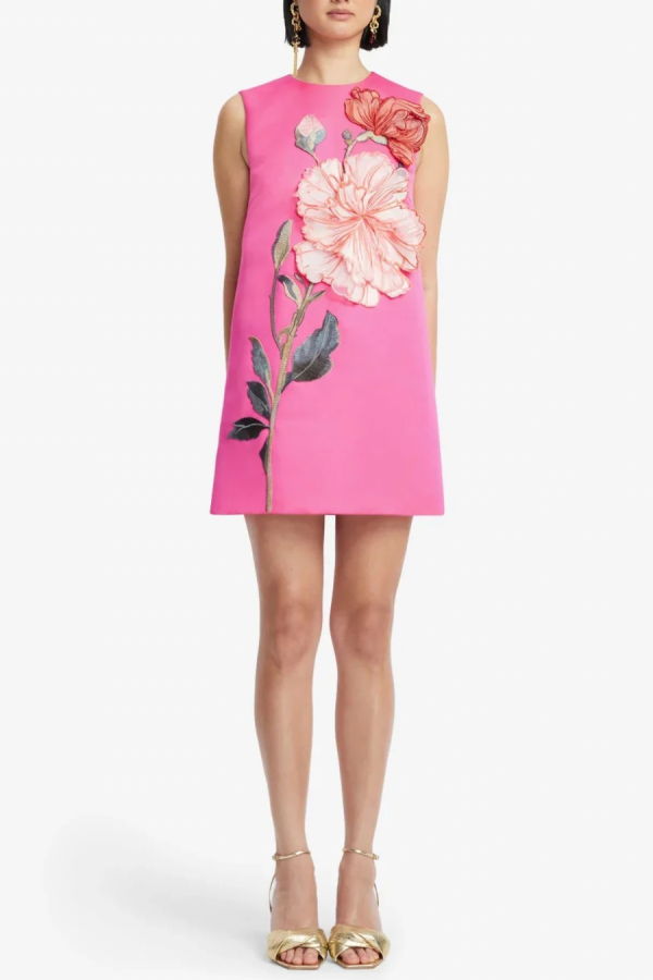 Leo Lin Yvonne Appliqué Floral Mini Dress - Peony Print in Fuchsia