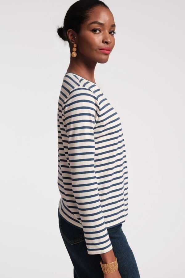 Frances Valentine Long Sleeve Striped Tee Shirt Top - Oyster Thick / Navy Thin