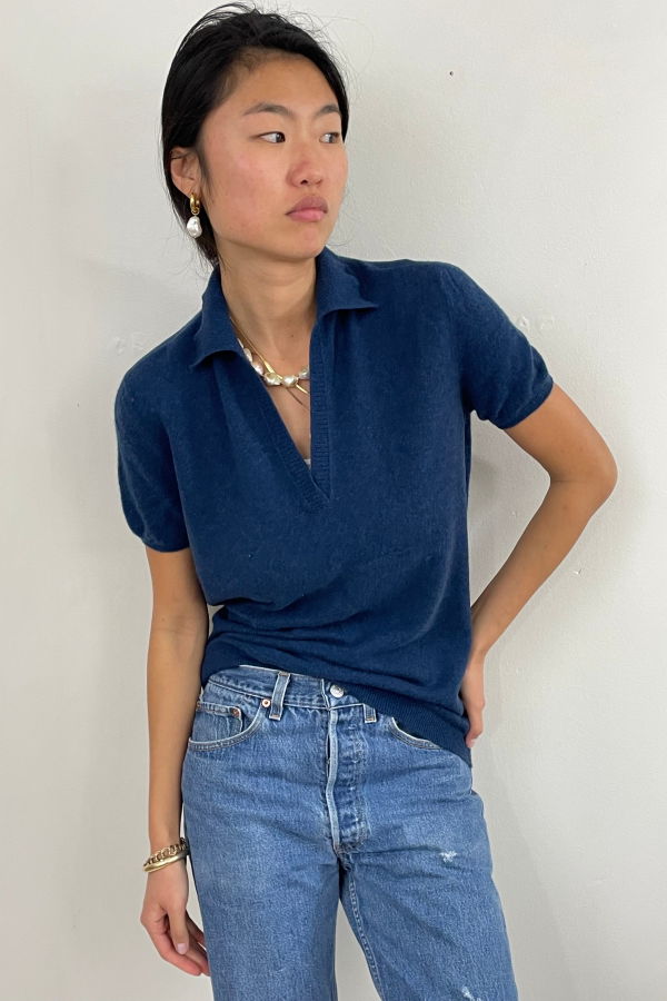 Paul Stuart Vintage Cashmere Collared Short Sleeve Sweater - Peacock Blue