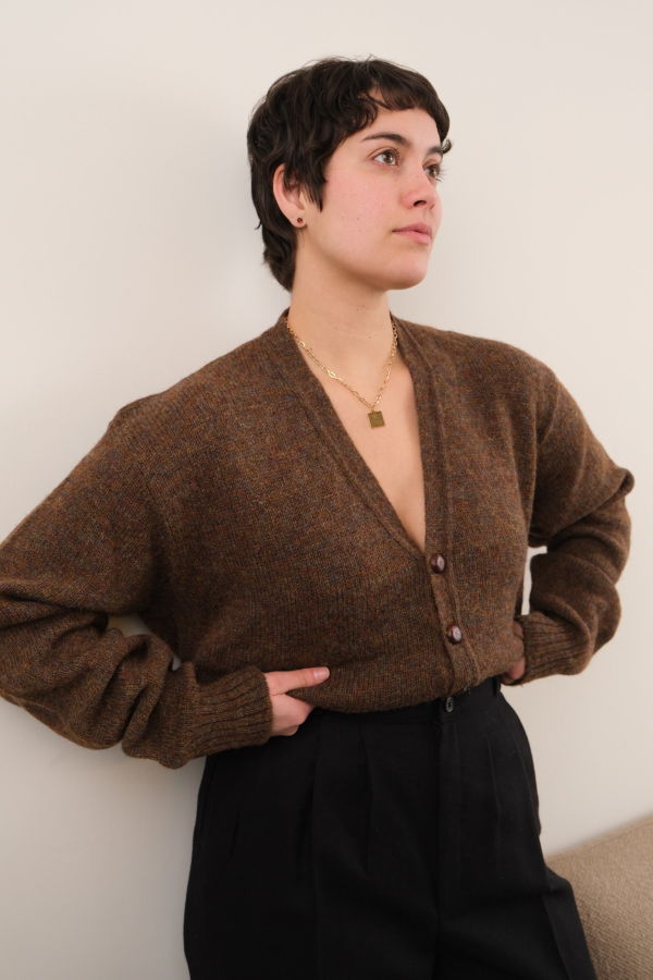Hermine Vintage 70s Chestnut Shetland Wool Long Sleeve Button Up Cardigan - Brown