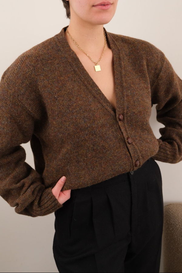 Hermine Vintage 70s Chestnut Shetland Wool Long Sleeve Button Up Cardigan - Brown