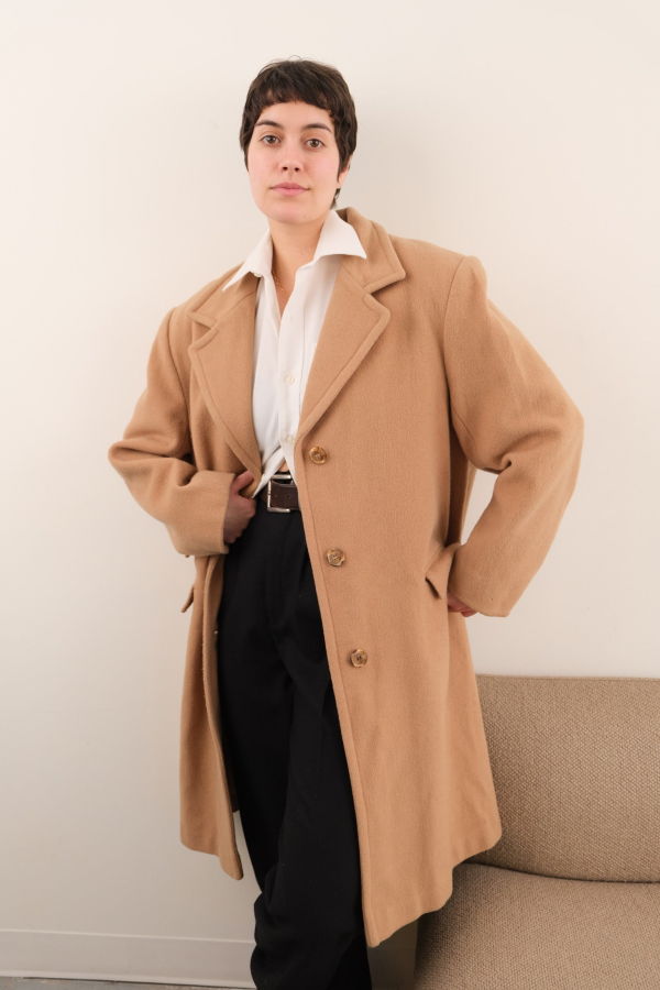 Hermine Vintage 90s Cafe Au Lait Wool Longline Three-Button Coat - Beige
